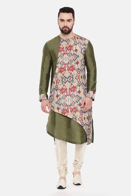 Mayank Modi - Men_Green Silk, Cotton, Muslin Embroidery Abstract Print Long Kurta And Pant Set _Online_at_Aza_Fashions