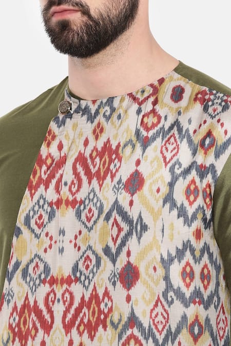 Buy_Mayank Modi - Men_Green Silk, Cotton, Muslin Embroidery Abstract Print Long Kurta And Pant Set _Online_at_Aza_Fashions