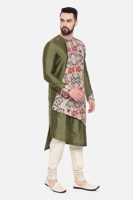 Shop_Mayank Modi - Men_Green Silk, Cotton, Muslin Embroidery Abstract Print Long Kurta And Pant Set _Online_at_Aza_Fashions