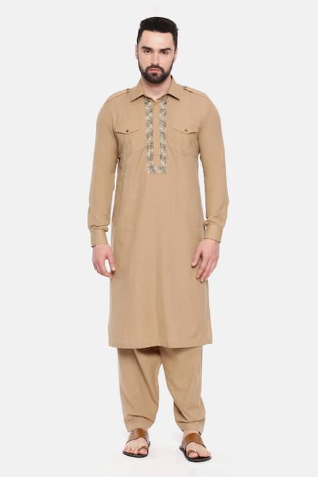 Mayank Modi - Men_Brown Cotton Embroidery Malai Pathani Set _Online_at_Aza_Fashions