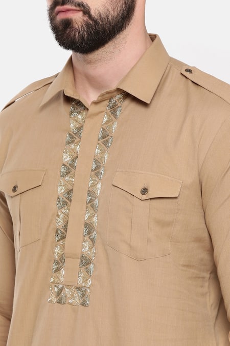 Buy_Mayank Modi - Men_Brown Cotton Embroidery Malai Pathani Set _Online_at_Aza_Fashions