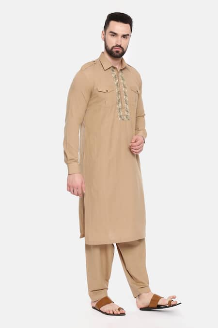 Shop_Mayank Modi - Men_Brown Cotton Embroidery Malai Pathani Set _Online_at_Aza_Fashions
