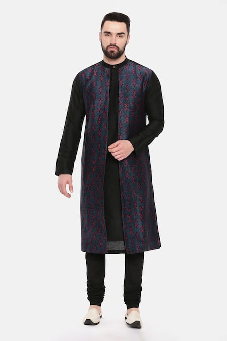Mayank Modi - Men_Black Silk, Cotton, Chanderi Embroidery Motif Print Overlay Kurta Set _Online_at_Aza_Fashions