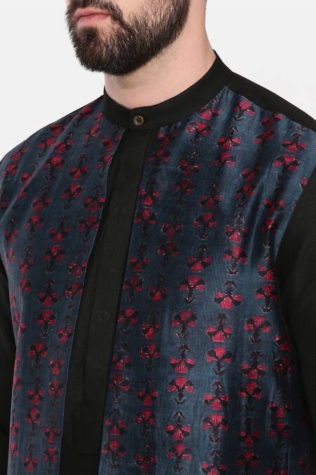 Buy_Mayank Modi - Men_Black Silk, Cotton, Chanderi Embroidery Motif Print Overlay Kurta Set _Online_at_Aza_Fashions