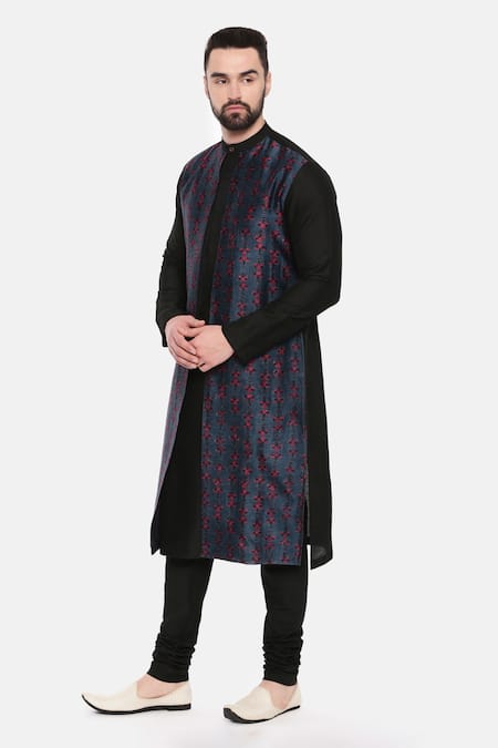 Shop_Mayank Modi - Men_Black Silk, Cotton, Chanderi Embroidery Motif Print Overlay Kurta Set _Online_at_Aza_Fashions