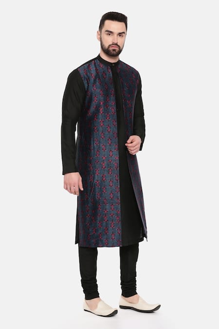 Mayank Modi - Men_Black Silk, Cotton, Chanderi Embroidery Motif Print Overlay Kurta Set _at_Aza_Fashions