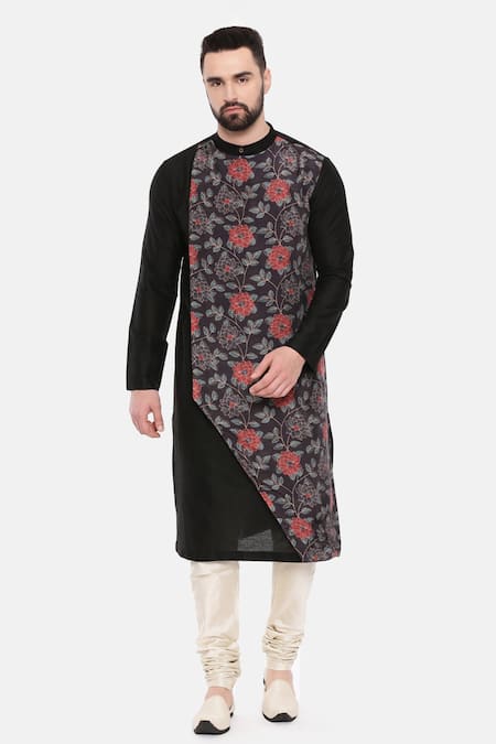 Mayank Modi - Men_Black Silk, Cotton, Muslin Embroidery Floral Print Kurta Set _Online_at_Aza_Fashions