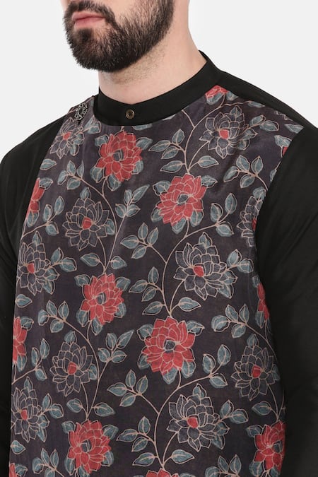 Buy_Mayank Modi - Men_Black Silk, Cotton, Muslin Embroidery Floral Print Kurta Set _Online_at_Aza_Fashions