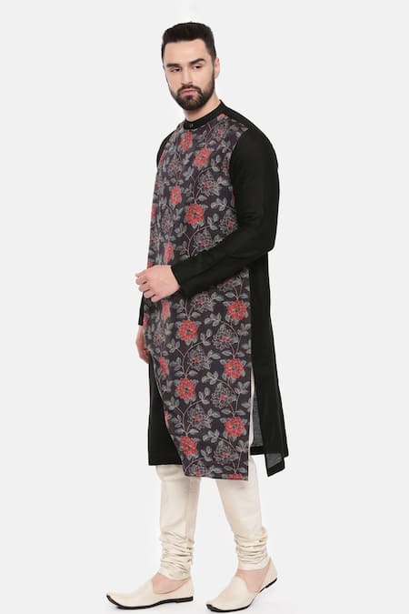 Shop_Mayank Modi - Men_Black Silk, Cotton, Muslin Embroidery Floral Print Kurta Set _Online_at_Aza_Fashions