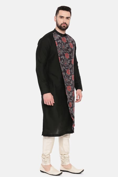 Mayank Modi - Men_Black Silk, Cotton, Muslin Embroidery Floral Print Kurta Set _at_Aza_Fashions