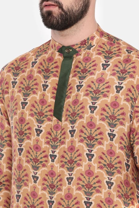 Mayank Modi - Men_Beige Muslin Quatrefoil Mandala Print Kurta Set _Online_at_Aza_Fashions