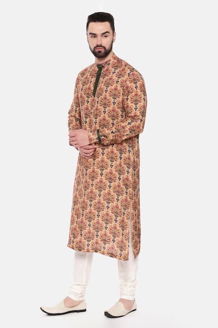 Buy_Mayank Modi - Men_Beige Muslin Quatrefoil Mandala Print Kurta Set _Online_at_Aza_Fashions