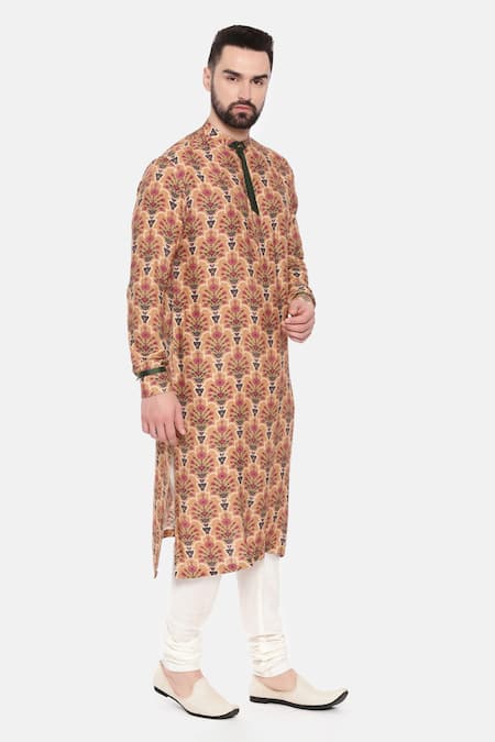 Shop_Mayank Modi - Men_Beige Muslin Quatrefoil Mandala Print Kurta Set _Online_at_Aza_Fashions
