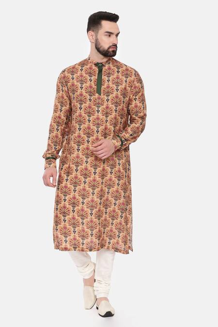 Mayank Modi - Men_Beige Muslin Quatrefoil Mandala Print Kurta Set _at_Aza_Fashions