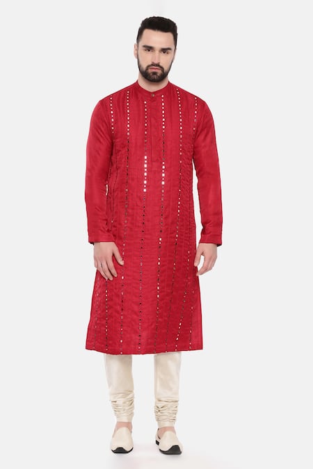 Mayank Modi - Men_Red Silk, Cotton Mirrors Embroidered Kurta Set _Online_at_Aza_Fashions