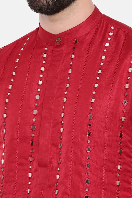Buy_Mayank Modi - Men_Red Silk, Cotton Mirrors Embroidered Kurta Set _Online_at_Aza_Fashions