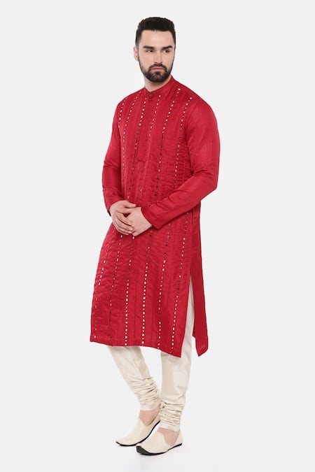 Shop_Mayank Modi - Men_Red Silk, Cotton Mirrors Embroidered Kurta Set _Online_at_Aza_Fashions