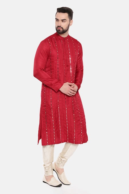 Mayank Modi - Men_Red Silk, Cotton Mirrors Embroidered Kurta Set _at_Aza_Fashions