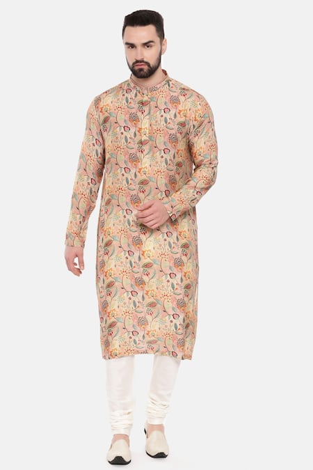 Mayank Modi - Men_Pink Muslin Embroidery Mughal Floral Print Kurta Set _Online_at_Aza_Fashions