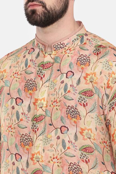 Buy_Mayank Modi - Men_Pink Muslin Embroidery Mughal Floral Print Kurta Set _Online_at_Aza_Fashions