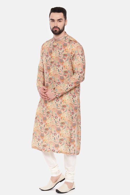 Shop_Mayank Modi - Men_Pink Muslin Embroidery Mughal Floral Print Kurta Set _Online_at_Aza_Fashions