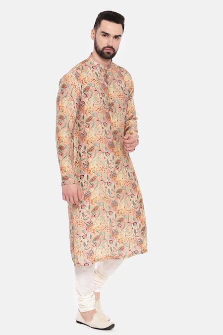 Mayank Modi - Men_Pink Muslin Embroidery Mughal Floral Print Kurta Set _at_Aza_Fashions