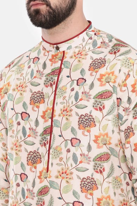 Mayank Modi - Men_Ivory Muslin Mughal Floral Print Kurta Set _Online_at_Aza_Fashions