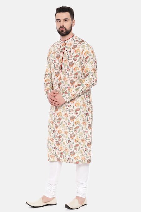Buy_Mayank Modi - Men_Ivory Muslin Mughal Floral Print Kurta Set _Online_at_Aza_Fashions