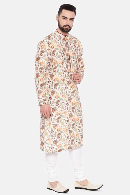 Shop_Mayank Modi - Men_Ivory Muslin Mughal Floral Print Kurta Set _Online_at_Aza_Fashions