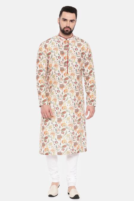 Mayank Modi - Men_Ivory Muslin Mughal Floral Print Kurta Set _at_Aza_Fashions