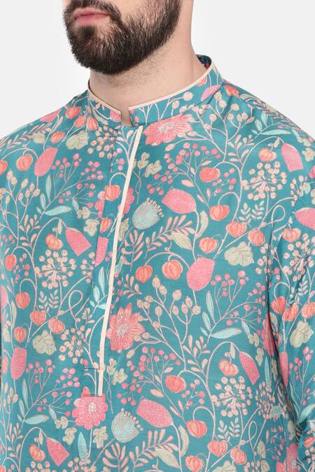 Buy_Mayank Modi - Men_Blue Muslin Embroidery Mughal Print Kurta Set _Online_at_Aza_Fashions