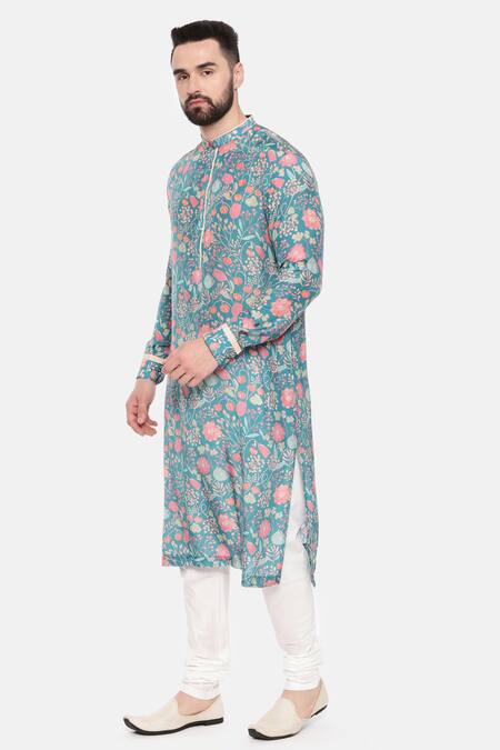 Shop_Mayank Modi - Men_Blue Muslin Embroidery Mughal Print Kurta Set _Online_at_Aza_Fashions