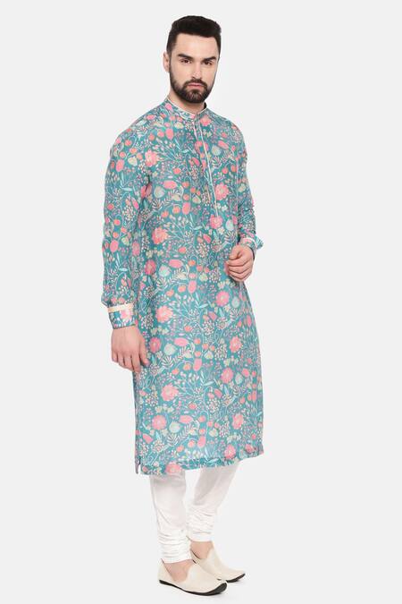 Mayank Modi - Men_Blue Muslin Embroidery Mughal Print Kurta Set _at_Aza_Fashions