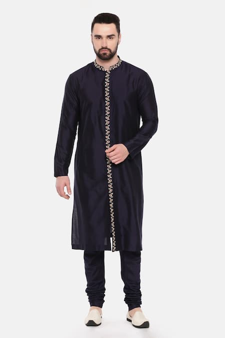 Mayank Modi - Men_Blue Silk, Cotton Embroidery Placket Kurta Set For Kids_Online_at_Aza_Fashions