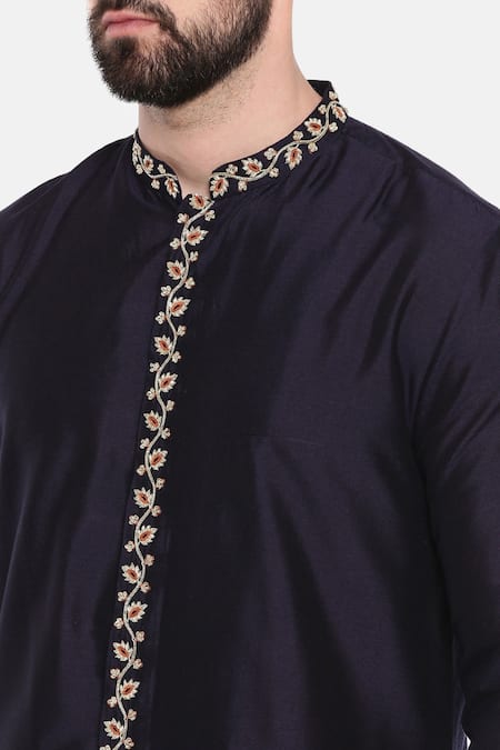 Buy_Mayank Modi - Men_Blue Silk, Cotton Embroidery Placket Kurta Set For Kids_Online_at_Aza_Fashions