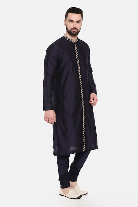 Mayank Modi - Men_Blue Silk, Cotton Embroidery Placket Kurta Set For Kids_at_Aza_Fashions