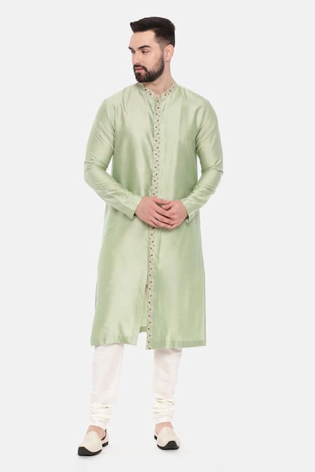 Mayank Modi - Men_Green Silk, Cotton Embroidery Placement Kurta Set _Online_at_Aza_Fashions