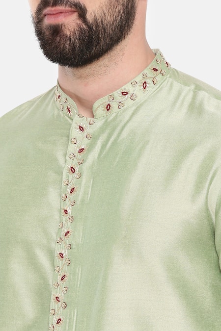 Buy_Mayank Modi - Men_Green Silk, Cotton Embroidery Placement Kurta Set _Online_at_Aza_Fashions