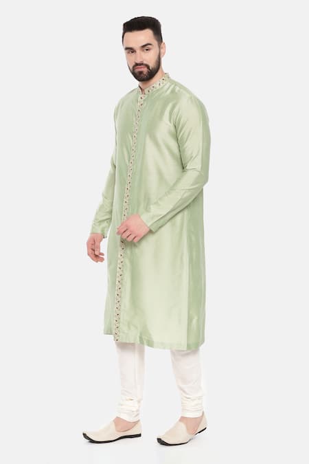 Shop_Mayank Modi - Men_Green Silk, Cotton Embroidery Placement Kurta Set _Online_at_Aza_Fashions