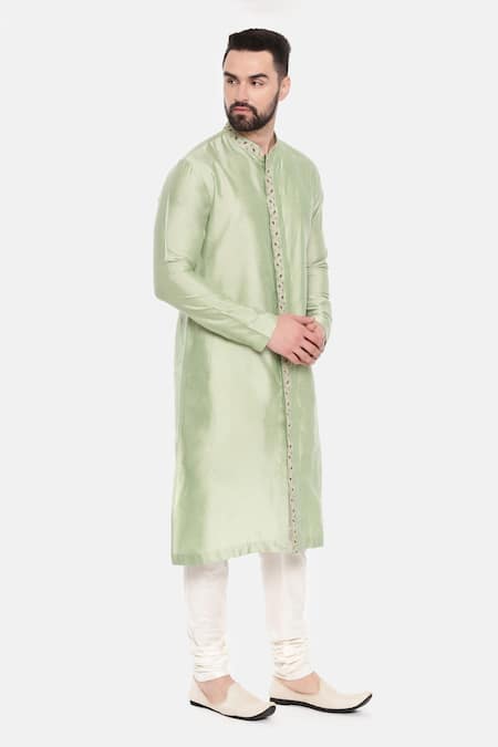 Mayank Modi - Men_Green Silk, Cotton Embroidery Placement Kurta Set _at_Aza_Fashions