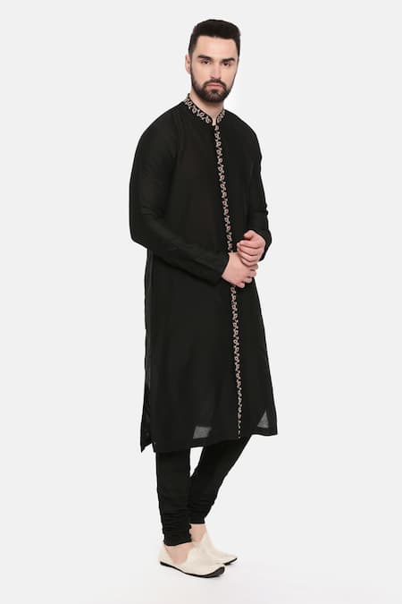Buy_Mayank Modi - Men_Black Silk, Cotton Embroidery Placket Kurta Set _Online_at_Aza_Fashions