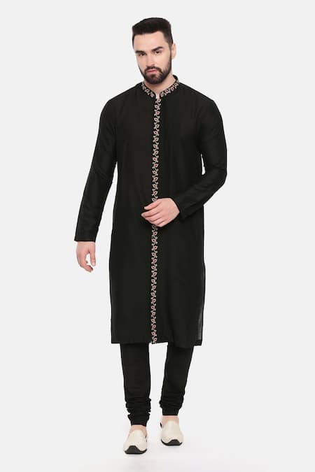 Shop_Mayank Modi - Men_Black Silk, Cotton Embroidery Placket Kurta Set _Online_at_Aza_Fashions