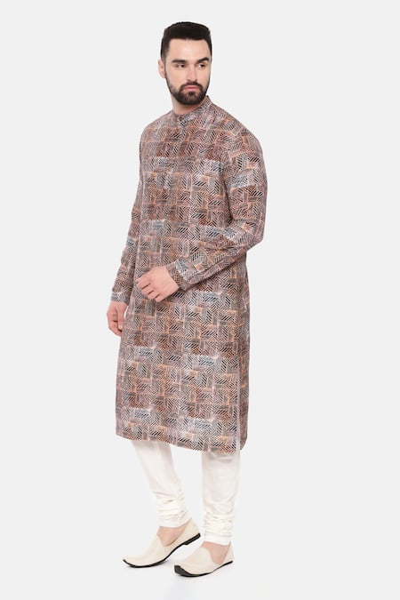 Buy_Mayank Modi - Men_Red Bamboo, Cotton Geometric Print Kurta Set _Online_at_Aza_Fashions