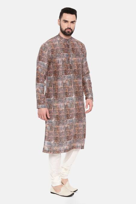 Shop_Mayank Modi - Men_Red Bamboo, Cotton Geometric Print Kurta Set _Online_at_Aza_Fashions