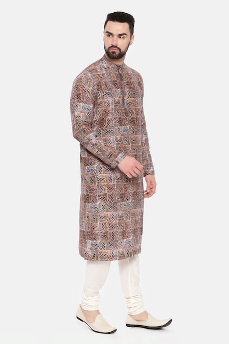 Mayank Modi - Men_Red Bamboo, Cotton Geometric Print Kurta Set _at_Aza_Fashions