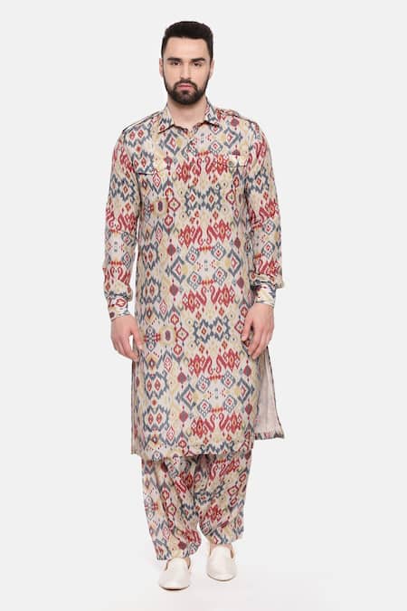 Mayank Modi - Men_Beige Muslin Aztec Print Kurta Set _Online_at_Aza_Fashions