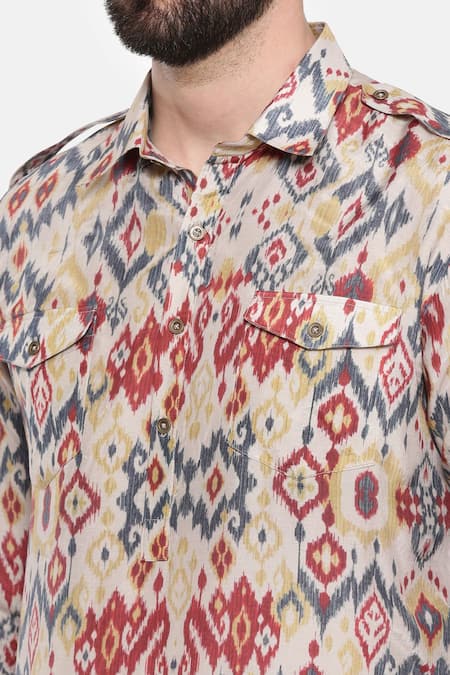 Buy_Mayank Modi - Men_Beige Muslin Aztec Print Kurta Set _Online_at_Aza_Fashions
