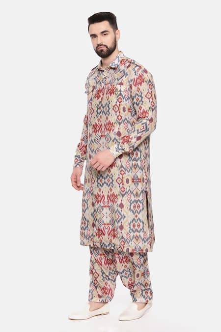 Shop_Mayank Modi - Men_Beige Muslin Aztec Print Kurta Set _Online_at_Aza_Fashions