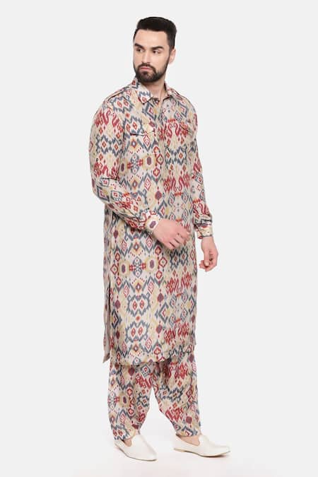 Mayank Modi - Men_Beige Muslin Aztec Print Kurta Set _at_Aza_Fashions