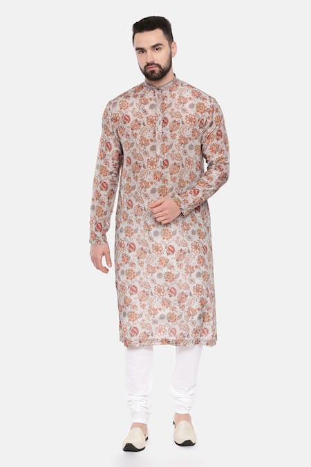 Mayank Modi - Men_Grey Muslin Floral Print Kurta Set _Online_at_Aza_Fashions